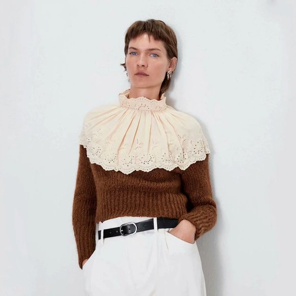 NEW!! Zara Contrasting Embroidery Cream Brown Sweater- Size S - Picture 2 of 16